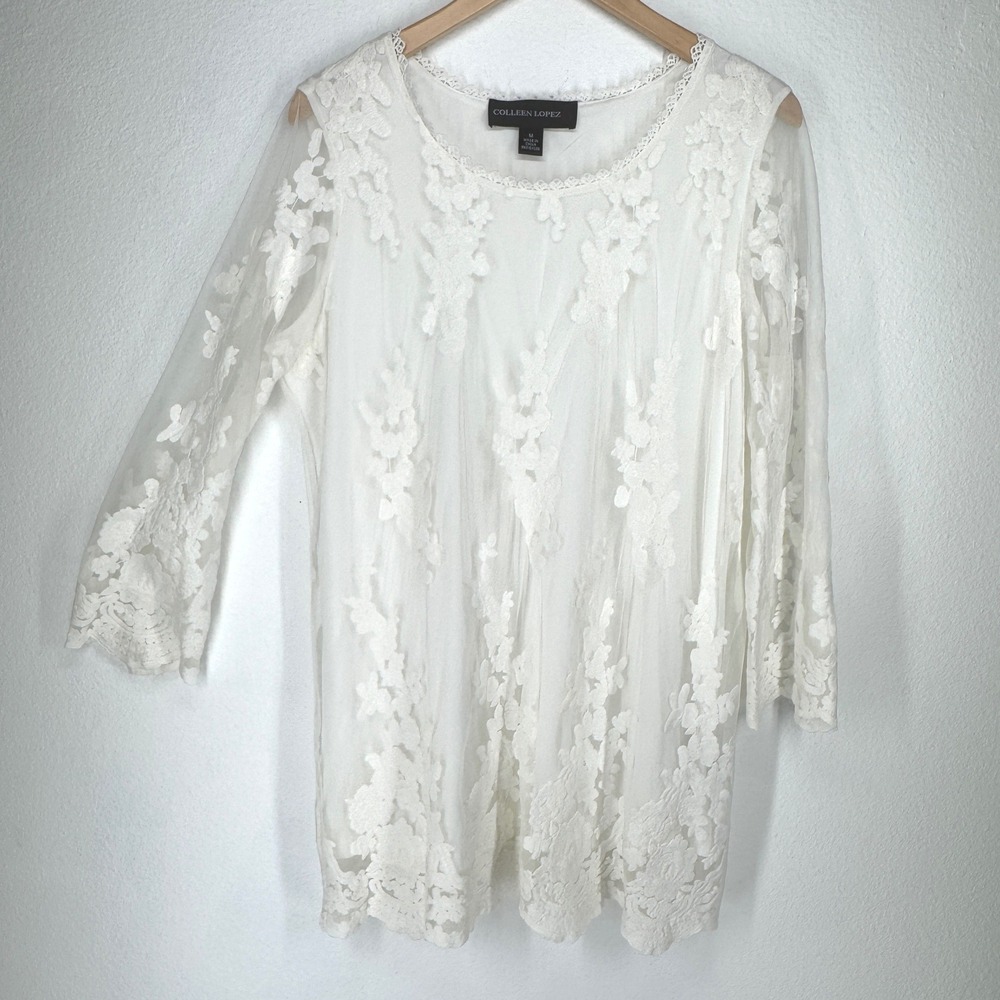 Vintage White Floral Embroidered Lace Tunic Dress Medium Angel Fairy Ethereal